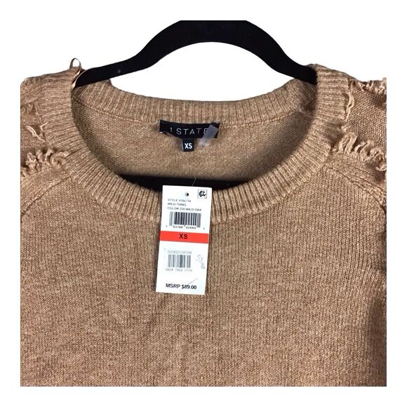 1.STATE Women’s Sweater XS Brown Crewneck Fringe Sleeve Pullover NWT - Picture 10 of 12